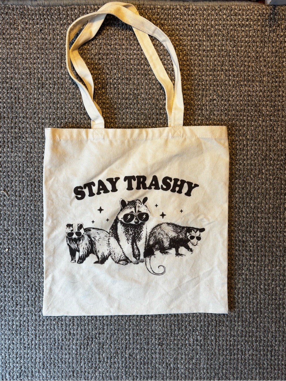 White Canvas Tote Bag with 'Stay Trashy' Raccoon Graphic